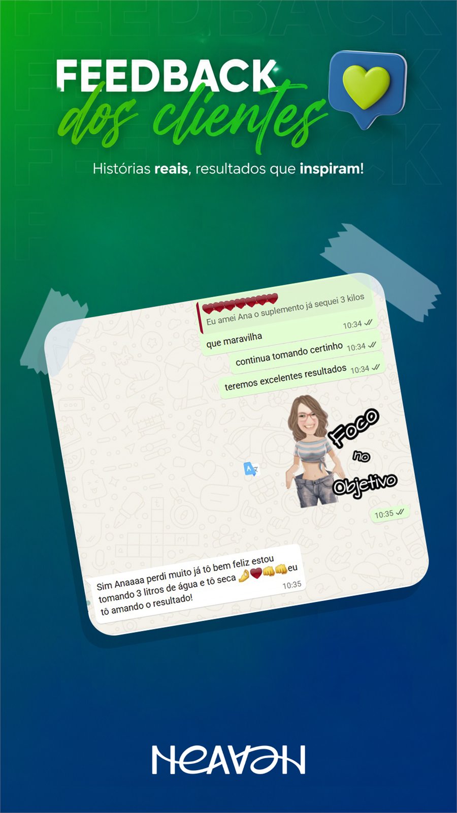 Feedback de cliente Heaven no WhatsApp: perdeu 3 quilos e está amando o resultado