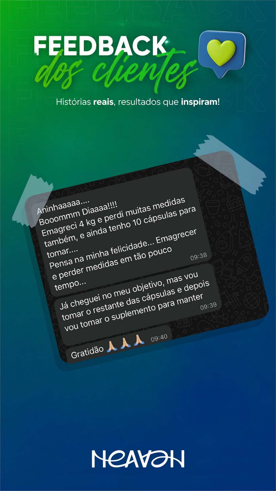 Feedback de cliente Heaven no WhatsApp: emagreceu 4 quilos e perdeu medidas